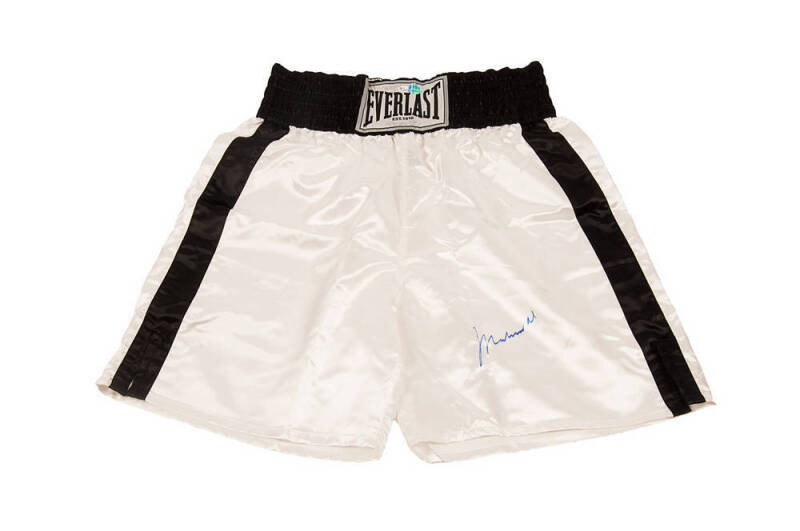 MUHAMMAD ALI, signature on pair of 'Everlast' boxing shorts with black band & trim. With 'Online Authentics' No. OA-8099016.
