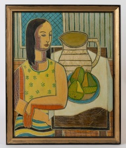 JUNE ETHEL STEPHENSON (1914 - 1999), (portrait of a lady with fruit), oil on board, 48 x 39cm, 54 x 45cm overall