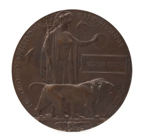 WWI BRONZE MEMORIAL PLAQUE (Death Penny): inscribed 'He Died for Freedom and Honour', in the name of 'GEORGE BOOTH', and issued to his next of kin, blank on reverse, 120cm diameter. Accompanied by original waxed box. Private George Booth, of South Yarra,