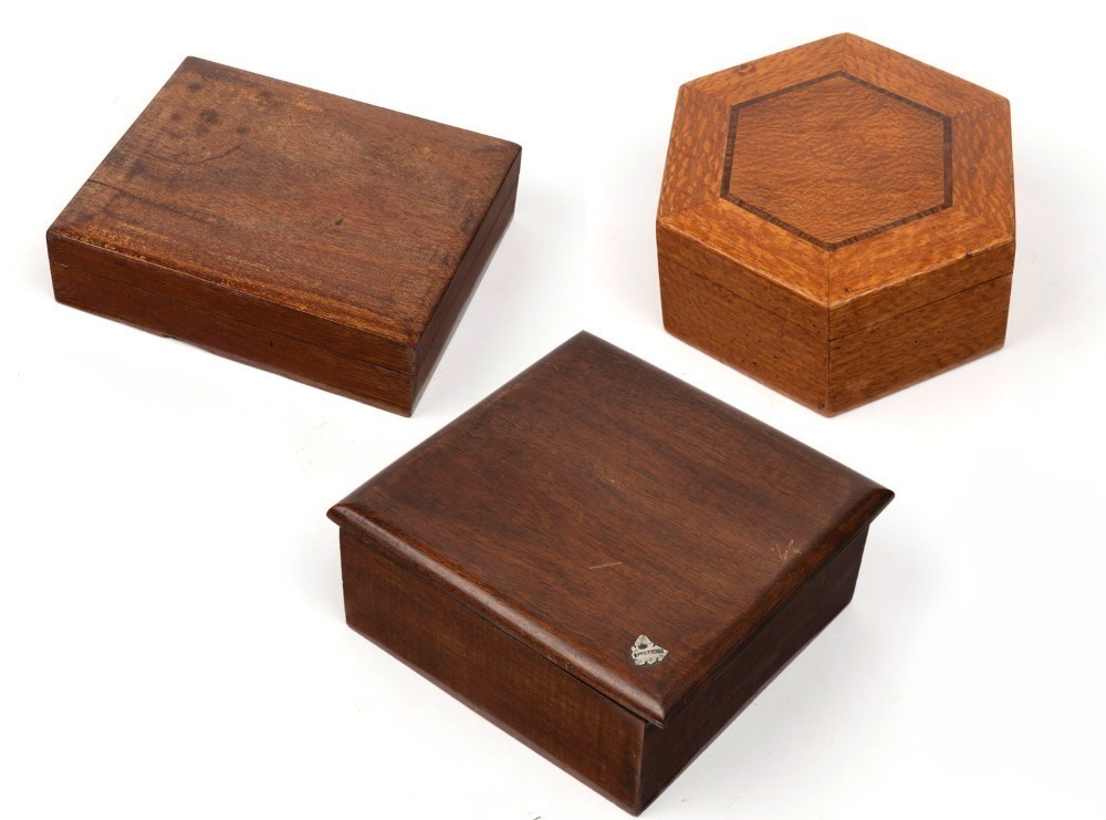 Three Australian Timber Boxes Including Blackwood And Silky Oak One Bearing Silver Map Of 8504