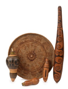 Four lime gourds and a woven mat, Papua New Guinea origin, ​​​​​​​the largest 62cm long