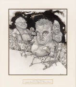 DAVID ROWE (Australian Financial Review cartoonist): "Old Time Champs - George Foreman, Joe Bugner, Frank Bruno", original cartoon in ink, graphite & crayon, signed lower right, window mounted, framed & glazed, overall 47x53cm.