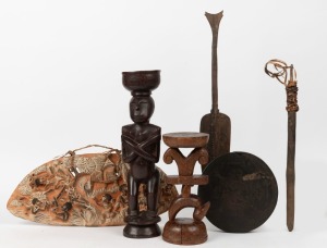 Carved board, dance wand, two figural pedestal bowls, carved wooden stool top and an axe haft, Papua New Guinea origin, (6 items), ​​​​​​​the largest 60cm long