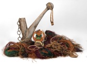 REMAINS OF COLLECTION assorted items from Papua New Guinea comprising butterfly display, woven jewellery and adornments including woven fibre, trade bead and shell, tortoiseshell and others, plus a carved wooden adze handle and a brightly coloured grass s