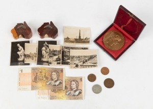 Antique photographs of Ballarat, early 20th century; together with two Australian paper one dollar notes, Australian 1946 penny, Australian 1951 half penny, Australian 1946 florin, a pair of mulga wood condiments and a boxed early 20th century French meda