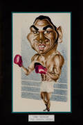 SIMON SCHNEIDER (Herald Sun cartoonist): set of four original caricatures - Tony Mundine, Lionel Rose, Johnny Famechon & Jeff Fenech, each signed by the artist, window mounted, framed & glazed, each about 36x52cm. (4 items). - 3