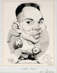 SCOTT 'BOO' BAILEY (Daily Telegraph cartoonist): Three original caricatures - Muhammad Ali's 50th Birthday, Kostya Tszyu & Julio Cesar Chavez, each signed at base, window mounted, framed & glazed, each about 30x36cm. (3 items).