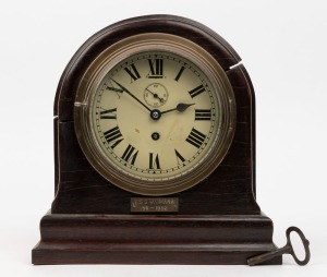 T.S.S. WAIMANA ship's bulkhead clock, mounted in timber from the ship and bearing plaque "T.S.S. WAIMANA, 1911-1952". The Waimana was an important transport ship for troops during WW1, and had a colourful history after the war returning soldiers and their