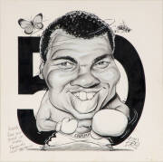 SCOTT 'BOO' BAILEY (Daily Telegraph cartoonist): Three original caricatures - Muhammad Ali's 50th Birthday, Kostya Tszyu & Julio Cesar Chavez, each signed at base, window mounted, framed & glazed, each about 30x36cm. (3 items). - 3
