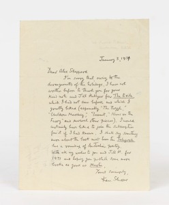 KENNETH SLESSOR (1901 - 1971), personalized hand-written ALS dated January 3, 1971 to Alex Sheppard (bookseller and publisher), thanking him for sending a copy of a book by Australian poet, Jill Hellyer, one of the founding members of the Australian Socie