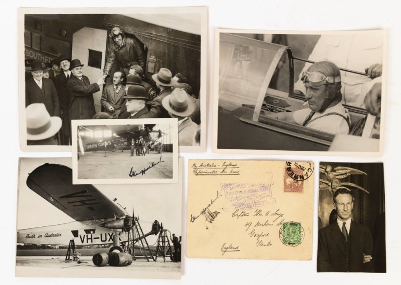 SIR CHARLES KINGSFORD SMITH (1897 - 1935): A group of photographs (including one signed) and an envelope carried aboard the "Southern Cross" on the April 1931 flight from Australia to England - signed by Kingsford Smith and his co-pilot G.U. "Scotty" Alla