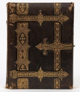 Decorative Victorian era family photograph album, with leather embossed gilt decorated cover; 45 photographs in various sizes; mostly cartes de visite and cabinet card size; the images appear to be a mixture of English and Australian studios.