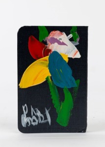 KEVIN CHARLES (PRO) HART (1928 - 2006) Flowers, acrylic, on the back cover of a small bible, signed "Pro Hart" lower left, 12.5 x 8cm (approx.)