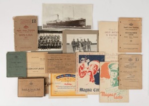 A carton containing a quantity of WW1 and WW2 ephemera. Noted Record of Service Book, Demobilization Procedure Book, dog-tags, propaganda leaflets, photographs, unit magazines, AIF forks and spoons, Army instruction booklets, Ration cards, etc. Much of in