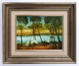 KEVIN CHARLES (PRO) HART (1928 2006), (brolgas in landscape), oil on board, signed lower left "Pro Hart", ​​​​​​​22 x 29cm, 38 x 46cm overall