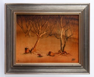 KEVIN CHARLES (PRO) HART (1928 2006), (the old bush camp), oil on board, signed lower right "Pro Hart", ​​​​​​​signed and date 1967 verso, 28 x 36cm, 42 x 50cm overall