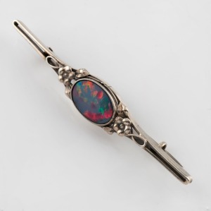 RHODA WAGER attributed silver and opal doublet bar brooch, circa 1925, ​​​​​​​6.8cm wide