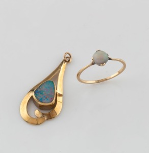 A 9ct gold and opal ring, together with a 9ct gold and opal doublet pendant, (2 items), the pendant 3.3cm high, 3 grams total