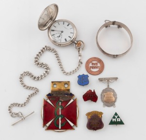 Antique silver cased pocket watch retailed by Golding of Hobart, accompanied by a sterling silver fob chain, silver fob brooch, silver bangle, penny ornament, "Medical Society of Victoria" enamel car badge and four assorted badges, 19th and 20th century, 