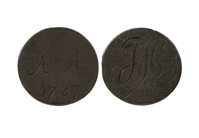 CONVICT LOVE TOKENS. Two halfpenny examples, one engraved "A+A 1787"