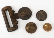 CONVICT DEPARTMENT: two buttons, one stamped "PRISONS", the other "CONVICT DEPARTMENT" with crown; together with a belt buckle end stamped "PRISONS", and a military button from the 98th Regiment of foot, 19th century, (4 items)