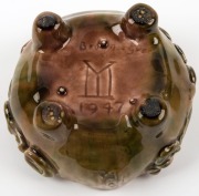 HARVEY SCHOOL brown and green glazed bowl with applied gum nuts and leaves,  incised "M Y 1947",  6cm high x 12.5cm wide - 4