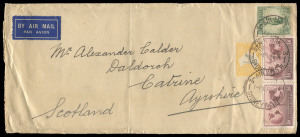 Kangaroos - CofA Watermark: 5/- Grey & Yellow (+ 1/6d Hermes pair & 1/- Large Lyrebird) on 1936 (Feb) 9/- sextuple rate airmail cover from Sydney to Scotland, the adhesives tied by multiple strikes of the SYDNEY AIR MAIL datestamp.