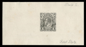 KGV Heads - Single Watermark: THE PERKINS BACON DIE PROOFS: State 2 die proof with a field of horizontal lines behind the King's head, the King's nose has been improved and the hair has been lightened. In black on thin card (58 x 1108mm) endorsed at top "State 2" & at base "First State". BW #70(DP)12Aa variant, Ex Perkins Bacon Archives (with their handstamp on reverse). Provenance: The Arthur Gray Collection, October 2015, Lot 32.