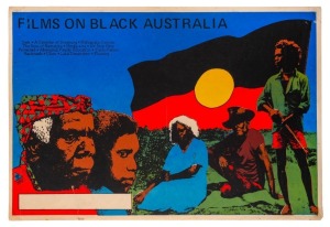 "FILMS ON BLACK AUSTRALIA", 1978 poster designed by Michael Callaghan, founder of Redback Graphix, and printed by Earthworks Poster Collective. This poster won a Bronze Hugo Award in Chicago. Screenprint on paper, 50.5 x 75.5cm