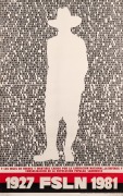 "1927 FSLN 1981", poster honouring the fighters of The Sandinista National Liberation Front. The empty silhouette of Augusto C. Sandino, the Nicaraguan revolutionary,&nbsp;is surrounded by several names. Poster printed on paper, 86 x 54cm