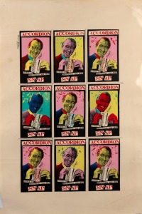 "ACCORDION SNAP", set of two posters designed and printed by Ian Robertson, one with man, one with woman, each playing Frontalini accordions. Screenprint on paper, laminated, 75 x 50.5cm