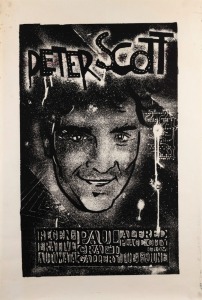 "PETER SCOTT", poster designed and printed by Bob Daly for jewellery exhibition at Paul Craft gallery. Screenprint on paper, 75.5 x 51cm