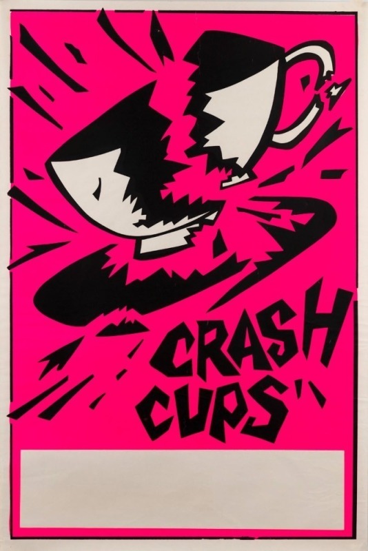 "CRASH CUPS", two c. 1984 posters for the women's band Crash Cups. Screenprint on paper, the larger 75.5 x 30cm, the other 30 x 21cm