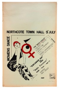 "WOMEN'S DANCE - NORTHCOTE TOWN HALL", poster designed and printed by Eve Glenn for event celebrating the launch of "Toxic Shock" single record. Toxic Shock were a 1980s all-female band, led by bassist Sylvie Leber and guitarist Eve Glenn. The lead singer was radio presenter Fran Kelly. Formed in 1979, the band released one single on the EMI Custom label in 1981. Image of Helen Sky, dancer, musician and acrobat from Soapbox Circus, which became Circus Oz. Signed by Eve Glenn in pencil at lower r