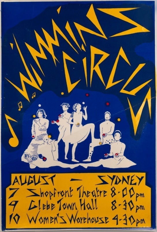 "WIMMIN'S CIRCUS", c. 1980 poster printed by Women's Warehouse Collective for The Wimmin's Circus, which was established in Melbourne in 1979. Screenprint on paper, laminated, 75 x 51cm