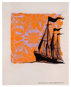 "RAINBOW WARRIOR", poster designed by Eve Glenn (with original signature), printed by Eve Glenn and Carol Porter. Background pattern based on Tivaevae 'Anthorium' design by Cook Island artist Norma Iro. Silk screen print on card, 64 x 50.5cm