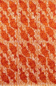 "MIPUTI WUTA MWARLIKI PIRIMI - SWIMMING FISH," one of a series of six poster prints for Bima Wear, a Tiwi women’s creative enterprise based in Wurrumiyanga in the Tiwi Islands, established in 1969. Designed and printed by Fiona Kerinauia in collaboration with Sydney artist Marie McMahon, who was active in founding screen printing workshops and taught silk screening on the Tiwi Islands. Screenprint on paper, 73 x 48cm