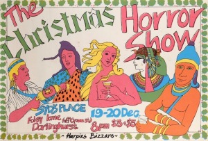 "THE CHRISTMAS HORROR SHOW - HARPIES BIZZARE", c. 1981 poster designed by Jane Murphy. Screenprinted on paper, 51 x 75.5cm