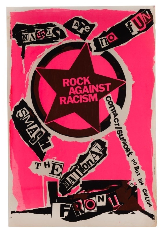 "ROCK AGAINST RACISM - NAZIS ARE NO FUN - SMASH THE NATIONAL FRONT", c. 1978 poster designed and printed by Wendy Black and Gavin from the band “ News”. Rock Against Racism emerged in 1976 in response to racist attacks in the UK and the increasing support