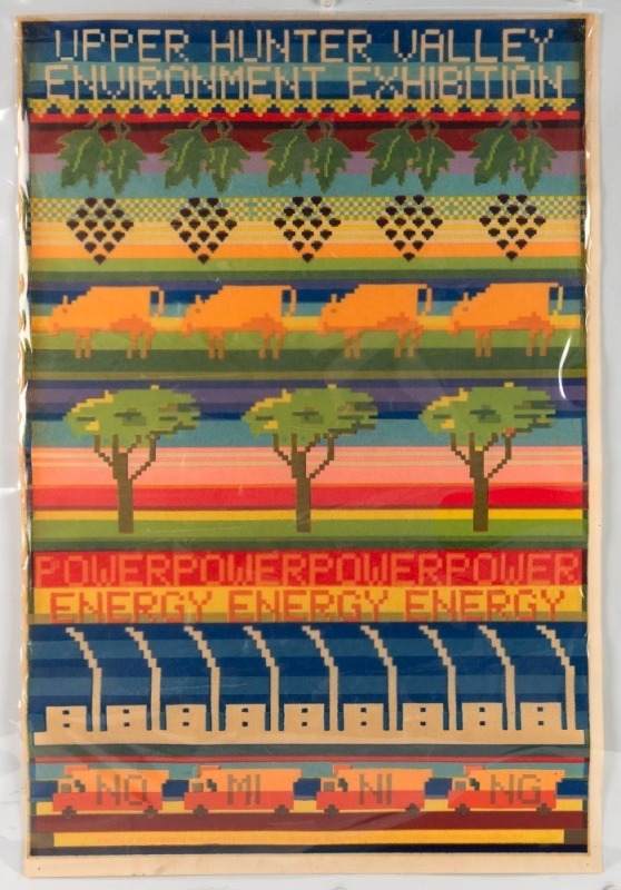 "UPPER HUNTER VALLEY ENVIRONMENT EXHIBITION", 1979 poster designed by Chips Mackinolty of Earthworks Collective. Screenprint on paper, laminated, 75 x 50.5cm