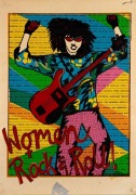 "WOMEN AND ROCK AND ROLL", c. 1980s poster listing many Australian and international artists, e.g. Bonnie Rait, Kate Bush, Chrissie Hines, The Crotchettes, The Modettes, Yoko Ono, The Stray Dags, and others. Screenprint on paper, laminated, 64.5 x 45.5cm