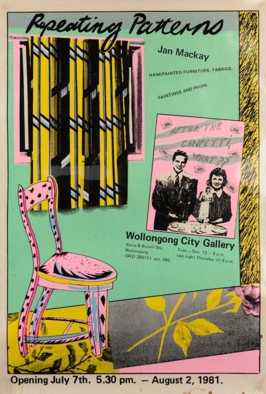 "REPEATING PATTERNS: JAN MACKAY, HAND-PAINTED FURNITURE, PAINTINGS & PROPS. WOLLONGONG CITY GALLERY", 1981 poster by Jan Mackay, a feminist activist printmaker best known for her 1970s contributions to the Earthworks Poster Collective at the Tin Sheds in