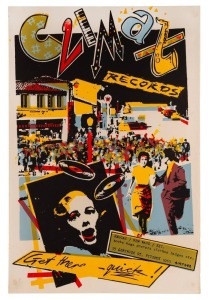 "CLIMAX RECORDS - GET THERE - QUICK", 1979 poster designed by Philip Brophy, an Australian musician, filmmaker, writer, and academic. This iconic poster was designed for Climax Records, a reggae/new wave record shop in Gertrude St, Fitzroy, run by Max Robenstone. Screenprint on paper, 76 x 51cm