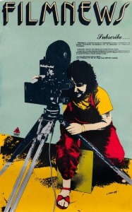 "FILMNEWS," 1978 poster designed by Jan Mackay and printed by the Earthworks Poster Collective featuring portrait of Sarah Gibson and information on how to subscribe to Filmnews, an Australian monthly film industry newspaper published from 1975 to 1995. Screenprint on paper, laminated, 74 X 46cm