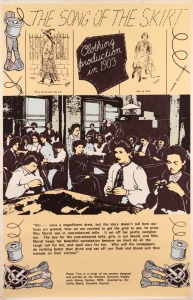 "THE SONG OF THE SKIRT - CLOTHING PRODUCTION IN 1903", 1979 poster designed by Marie McMahon and Frances Phoenix. This is poster two in a series of ten posters designed and printed by the Women's Domestic Needlework Group in Sydney. Screenprint on paper, 79 x 51cm