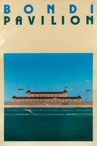 "BONDI PAVILION", c. 1980 poster designed by James Willebrant. Poster graphic design by Kevin Chan and Ken Israel. Offset print, laminated, 75.5 x 50cm