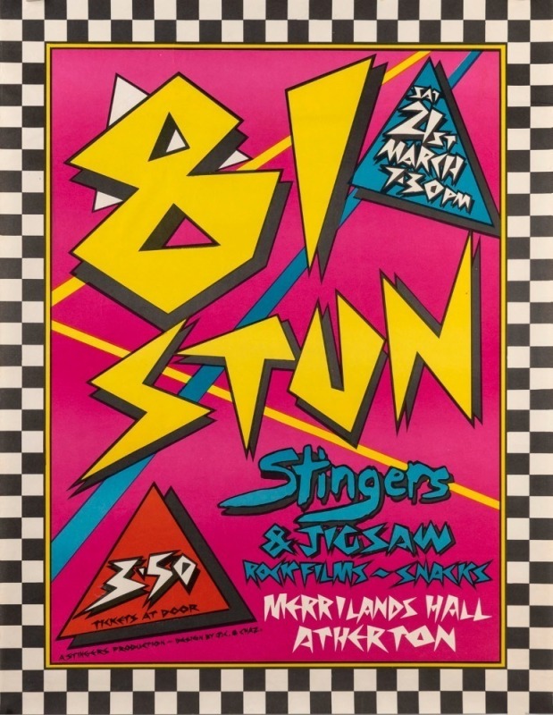 "81 STUN - STINGERS & JIGSAW", 1981 poster for event held at Merrilands Hall, Atherton, Queensland. Printed on paper, 54.5 x 42cm