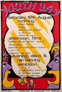 "YOUTH DAY", c. 1984 poster for event sponsored by Northcote City Council, designed and printed by Redletter Press. Screenprint on paper, 75.5 x 50.5cm