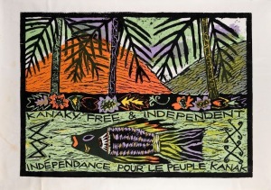 "KANAKY FREE & INDEPENDENT", 1988 poster printed by Another Planet Posters and designed by Dianna Wells, a Melbourne based printmaker and photographer. The movement in New Caledonia for independence from France became very active from the 1970s. Screenprint on paper, 58 x 83.5cm