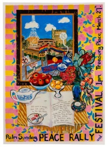 "PALM SUNDAY PEACE RALLY AND FESTIVAL", 1988 poster designed by artist and activist Lyn Hovey. Printed on paper, laminated, 71 x 51cm